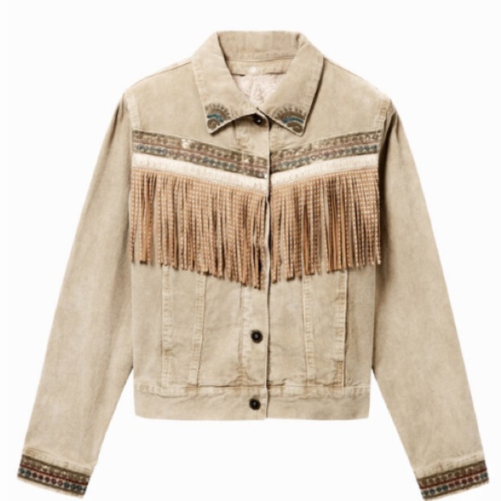 Desigual Western Fringe Embroidered Corduroy Jacket NWOT Boho Fleece lined - Picture 6 of 15